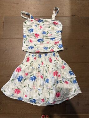 Girls White Floral Two-Piece Crop Top + Skirt Set
